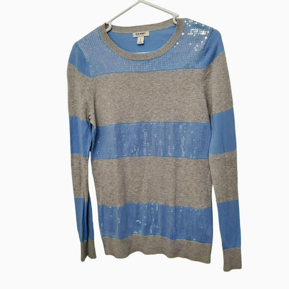 Old Navy Gray Blue Stripe Sequin Cotton Sweater, Size S P, LIKE NEW